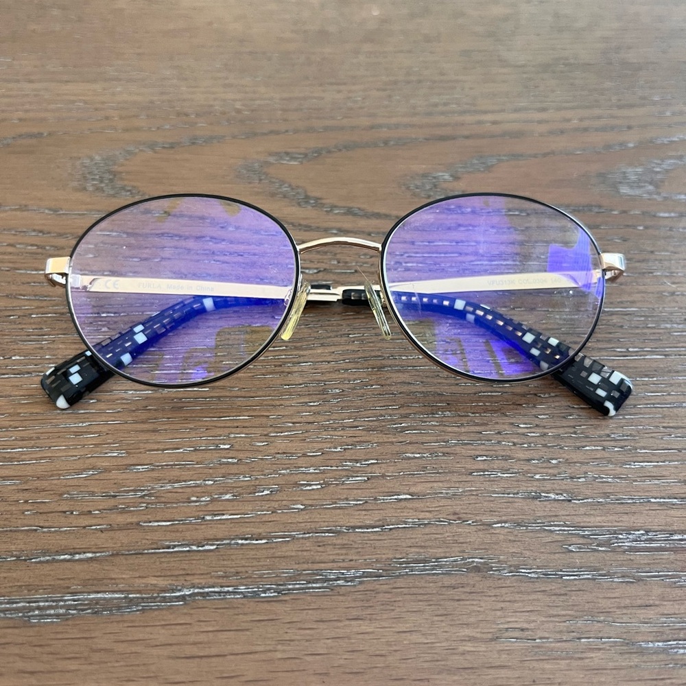 Furla Gold Metal Glasses with Black Patterned Temples PRESCRIPTION UNKNOWN